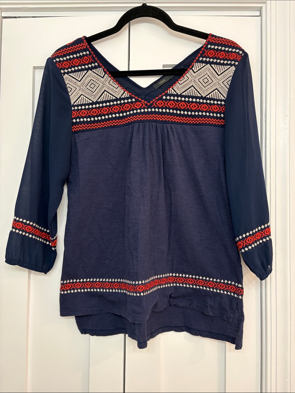 THML Navy V-Neck Embroidered Tunic with Orange and Cream Accents